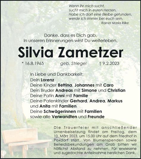 Silvia Zametzer Traueranzeige Trauer Infranken De