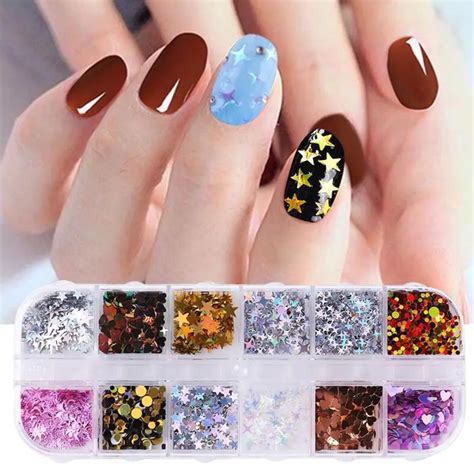 12 Grids Nail Sequin Nail Glitter Sequins Round Love Flakes Laser