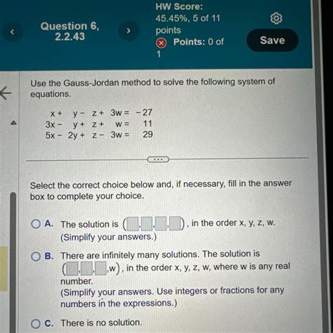 Use The Gauss Jordan Method To Solve The Following System Of Equations Y Z 3w 27 3x Y Z W