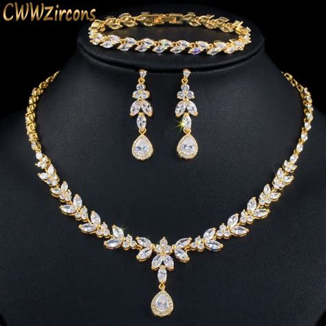 Cwwzircons Pcs Women Costume Big Gold Jewelry Set Shiny Cubic Zirconia