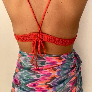 Hand Crocheted Bikini Top Orange Adjustable Bikini Halterneck Top