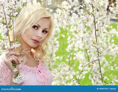 Blonde Girl With Cherry Blossom Spring Portrait Stock Photo Image Of Allergy Fashion