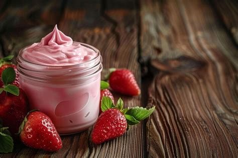 Premium Photo Strawberry Yogurt On Wood Table