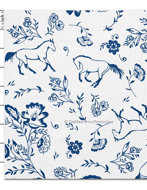 Blue And White Galloping Horse Floral Pattern Equestrian Fabric By The