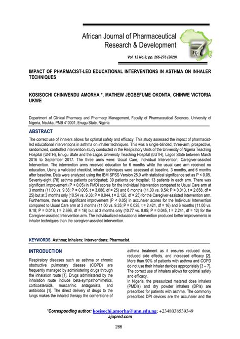 PDF IMPACT OF PHARMACIST LED EDUCATIONAL INTERVENTIONS IN ASTHMA ON