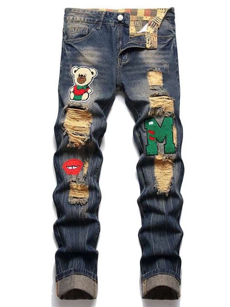 Men Cartoon Letter Patched Detail Ripped Frayed Jeans Stylish Jeans