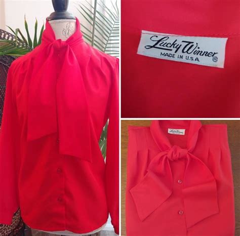 Vintage S Pussy Bow Blouse In Bright Red By Lucky Gem