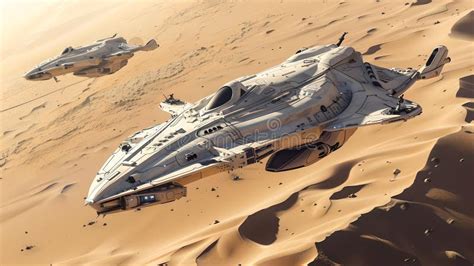 Futuristic Spaceship Landed On A Barren Desert Planet Sci Fi Vehicle