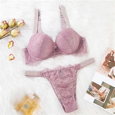 Victoria S Secret Letter Rhinestone Brand Lingerie Set Women Sexy Lace Push Up Bra Panty Piece