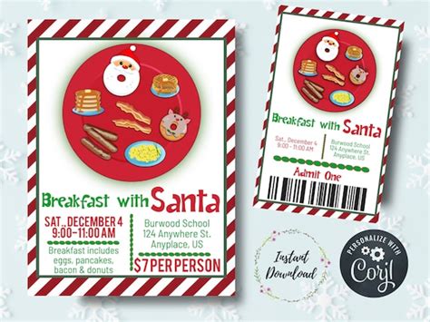 Editable Breakfast With Santa Flyer And Ticket Santa Invite Etsy