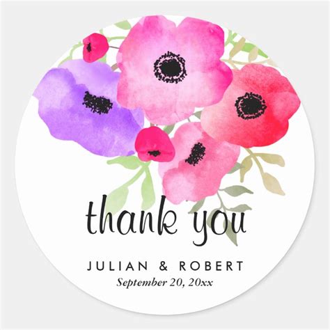 Watercolor Whimsical Flowers Wedding Thank You Classic Round Sticker