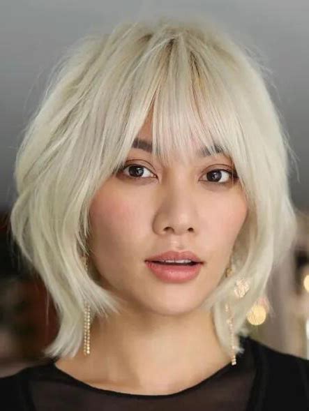 Stylish Lace Wigs Platinum Blonde Chin Length Straight Synthetic With Bangs Short Baby Shag Wigs