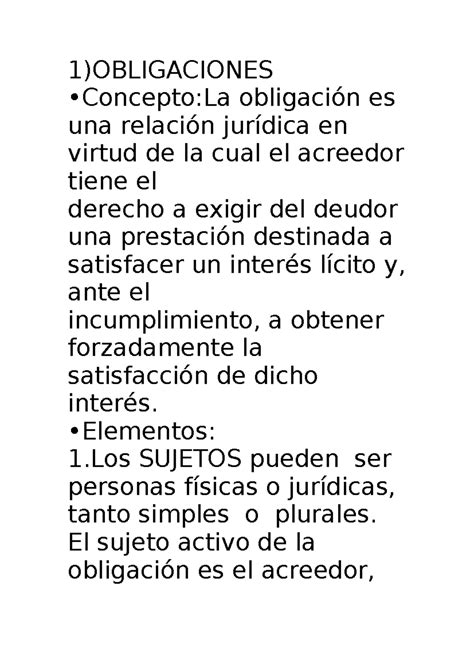 1 er parcial resumen 1 OBLIGACIONES Concepto La obligación es una