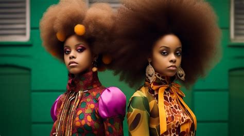 Modelos Afro Twins Girls En Vestido Colorido De Moda Vintage Y Estilo