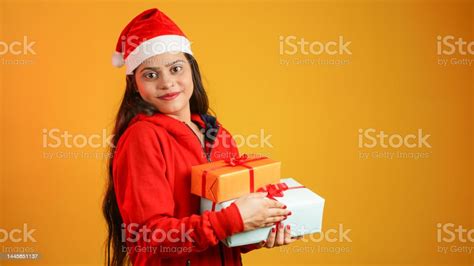 Beautiful Young Woman With Christmas T Box Asian Indian Girl Wearing