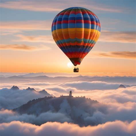 Premium Photo Hot Air Balloon Flying Over The Mountains At Sunset