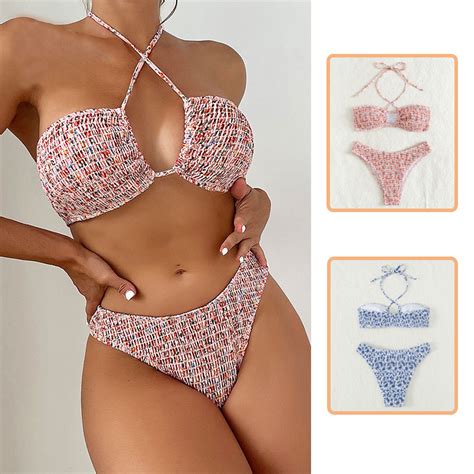 Summer Flowers Print Pleated Design Bikini Set Beach Fashion Halter Neck Swimsuit Womens