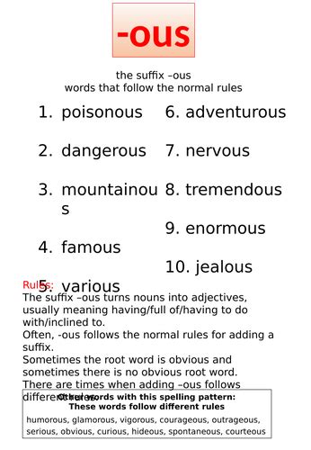 The Suffix Ous Normal Suffix Rules Spelling Booklet Year 3 4 Teaching Resources