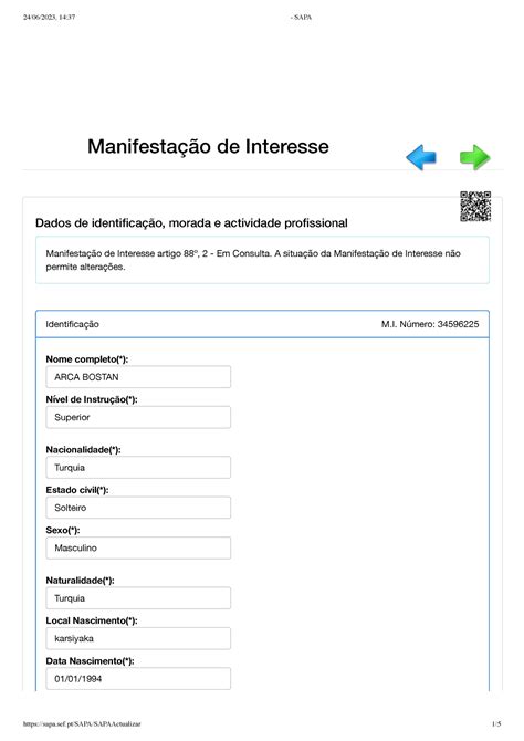 SEF resident permit application M Número 34596225 Manifestação de