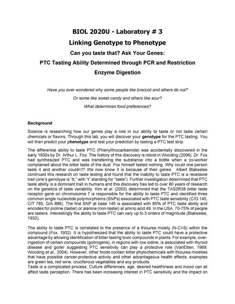 Lab 3 Introduction Protocol 2024 Biol 2020u Laboratory 3 Linking Genotype To Phenotype Can