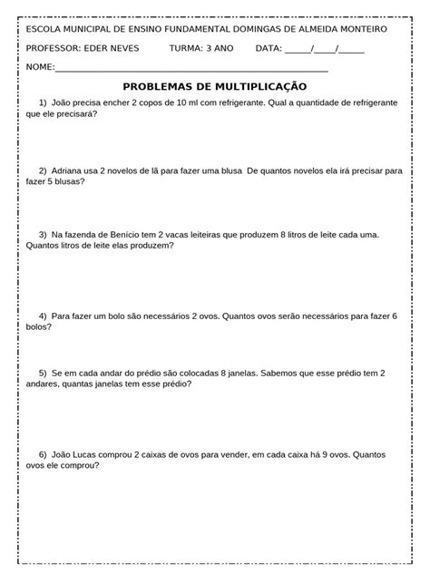 Problemas De Multiplicação 3 Ano Pdf - Problemas de Multiplicação para 3º Ano | PDF