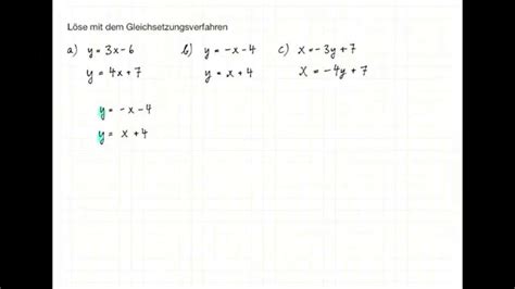 Lineare Gleichungssysteme Übungsaufgaben zum Gleichsetzungsverfahren