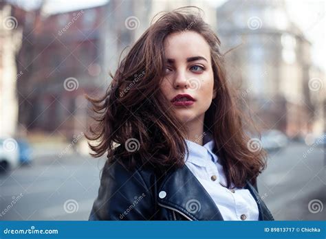 Amazing Joyful Pretty Girl With Long Brunette Hair Posing Outdoor Stock Image Image Of