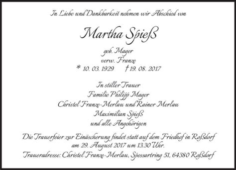 Traueranzeigen von Martha Spieß vrm trauer de