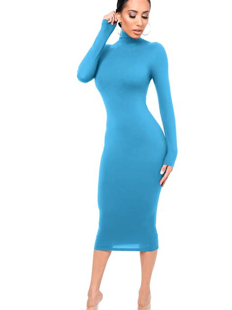 Robe Mi Longue Moulante Col Roul Pour Femme Manches Longues Noir Bleu