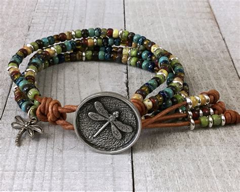 Dragonfly Bead Wrap Bracelet For Women Leather Bohemian Cuff Bracelet