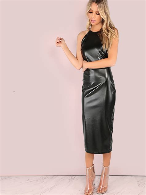 Faux Leather High Neck Bodycon Midi Dress Black Sheinsheinside