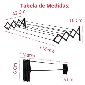 Mandiali E Shop Kit Varal De Teto 120 Cm Preto Varal Sanfonado 1 M