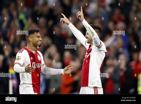 Amsterdam Lr Owen Wijndal Of Ajax Dusan Tadic Of Ajax Celebrate