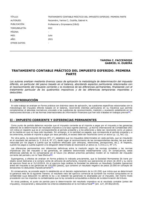 Tratamiento Contable Practico Del Impuesto Diferido T Tulo