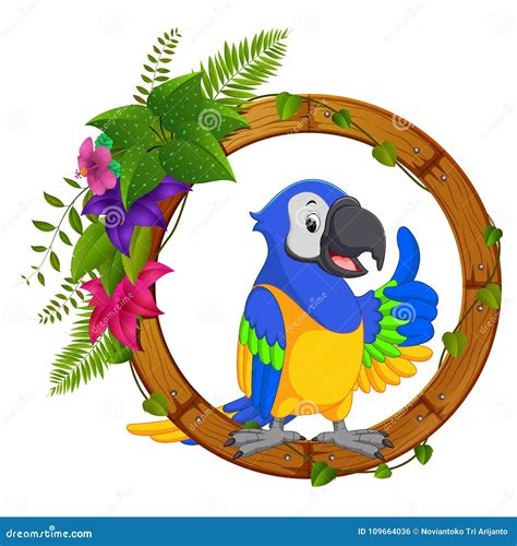 Parrot On Round Wood Frame With Flower Stock Vector Illustration Of