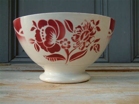 Antique French Extra Large Footed Cafe Au Lait Bowl With Red Stencil