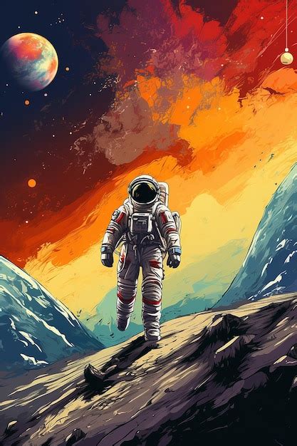 Premium Ai Image Vintage Retro Space Poster With Astronaut Flying In The Sky In The Style Of