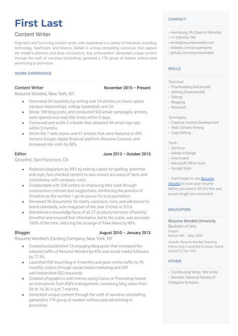 9 Content Writer Resume Examples For 2025 Resume Worded