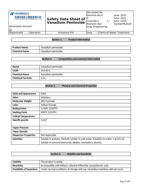 Annexure-XVI Vanadium Pentoxide SDS | PDF | Toxicity | Solubility