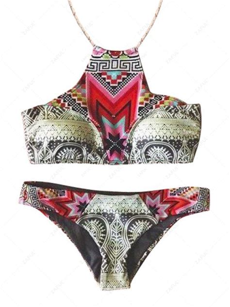 Halter Neck Abstract Printed Bikini Set RED Bikinis XL ZAFUL