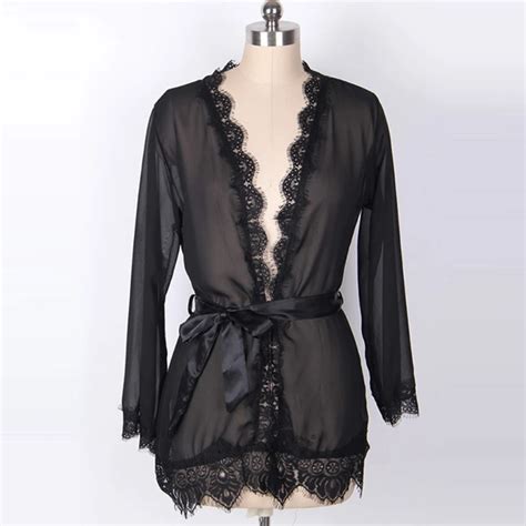 Set Womens Sleepwear Set Eyelash Lace Robe Sheer Mesh Kimono Nightgown Sexy Lingerie Babydolls