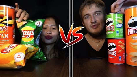 Asmr Lays Vs Pringles Battle Comparing Onion Cheese Pepper Eating