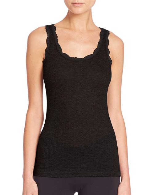 Lyst Hanro Tia Lace Trimmed Ribbed Cotton Cashmere Tank Top In Black