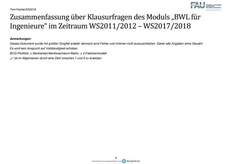 BWL Ing Zusammenfassung Fragen Aus Alt Klausuren Zusammenfassung U