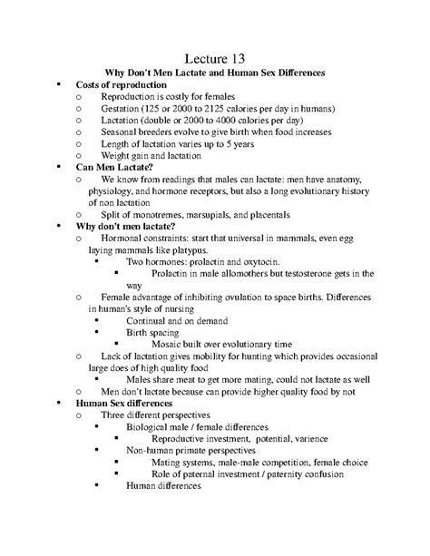 Anth 173 Lecture 13 Lecture 13 Why Dont Men Lactate And Human Sex