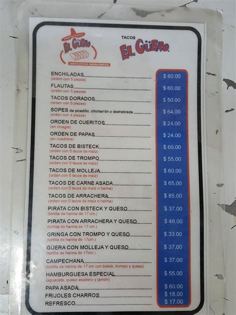 Carta del restaurante Tacos El Güero Cumbres Elite Monterrey Avenida