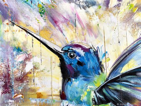 Painting with a Hummingbird. A picture with a bright hummingbird as a ...