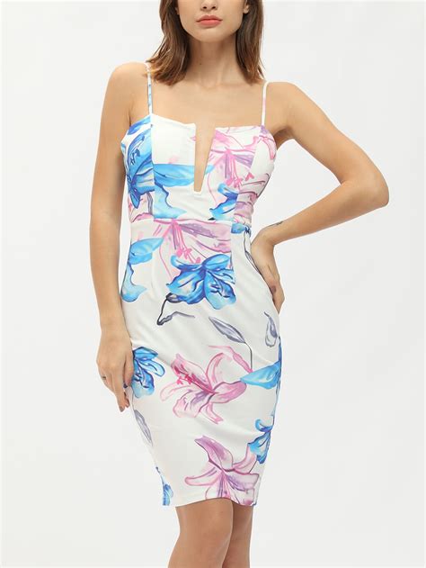 White Floral Print Spaghetti Strap Light V Neck Bodycon Dress Shein