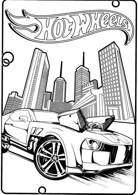 Hot wheels coche en una gran ciudad con edificios Páginas de Hot Wheels para imprimir