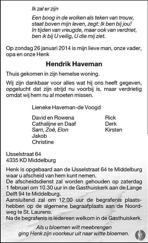 Hendrik Henk Haveman 26 01 2014 Overlijdensbericht En Condoleances